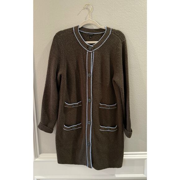 031 Talbots Women's Tipped Texture Dk Green Blue Trim Cardigan Sweater Size L - Picture 1 of 7